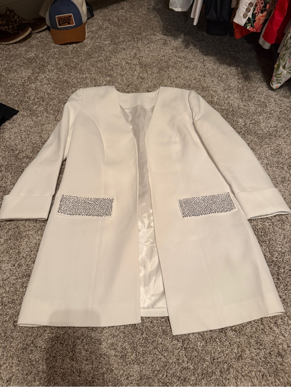 Women's White Collarless Blazer Coat with Embellished Pockets